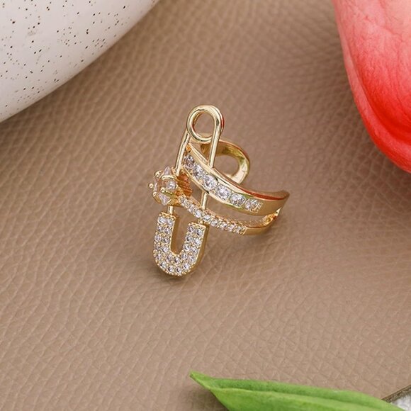 Gold Safety Pin Non Piercing Rhinestone Star Clip on Earring Cartilage Jewelry - Picture 8 of 9